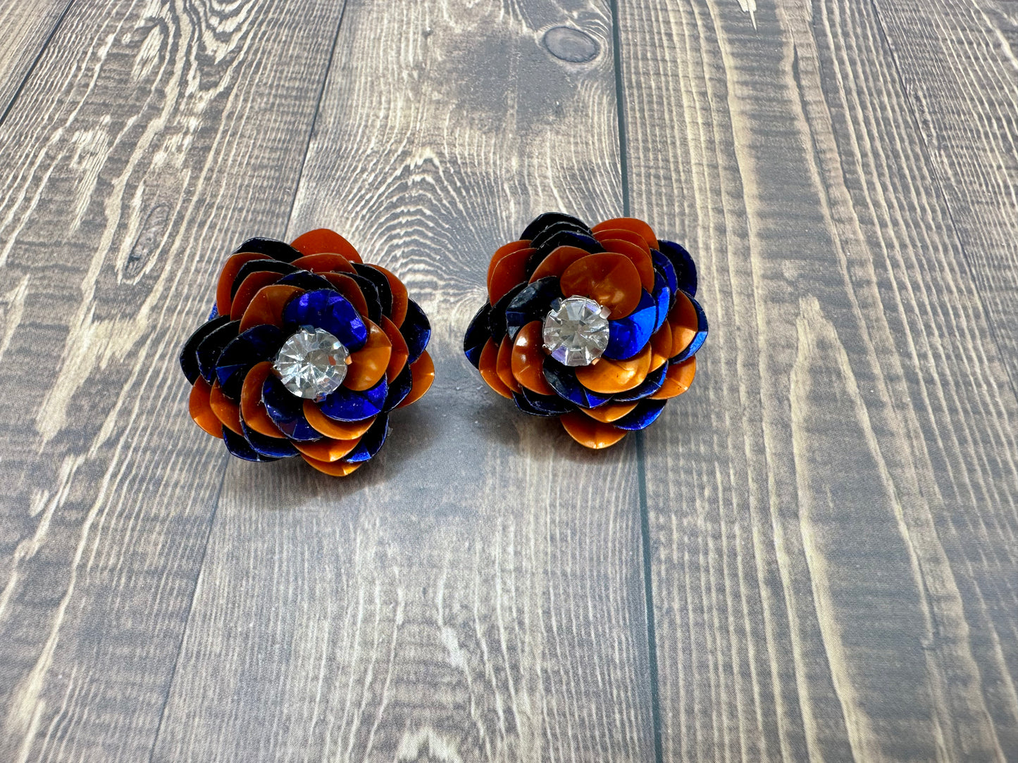 Royal Blue and Orange Sequin Flower Stud Earrings we