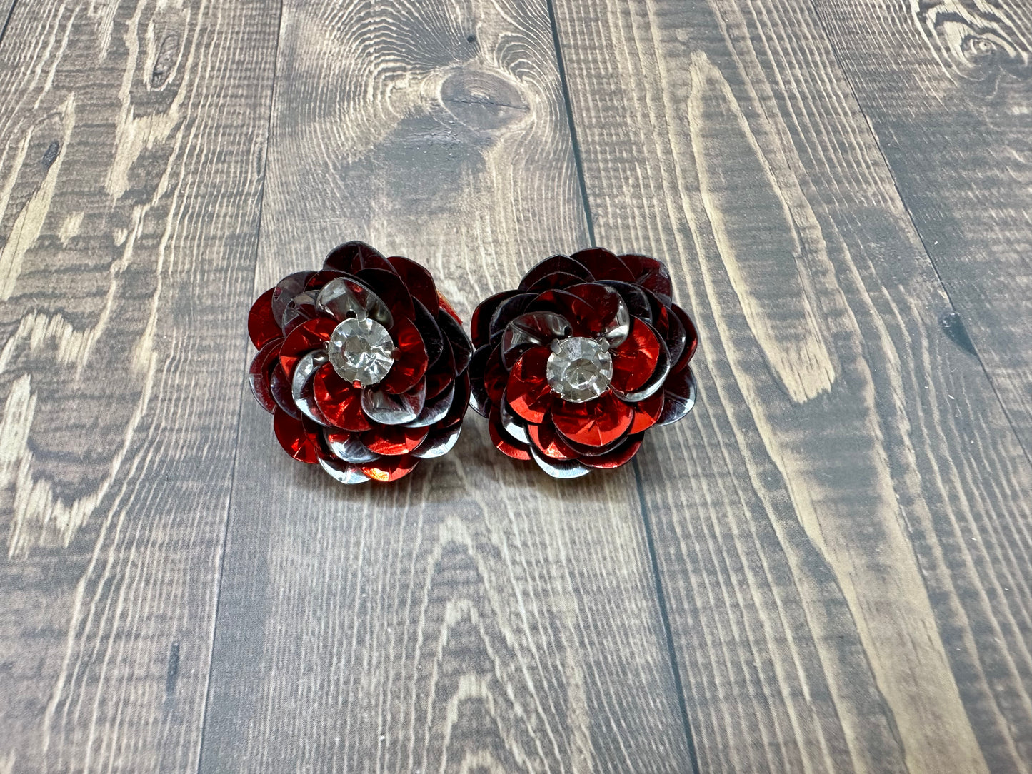 Red and Silver Sequin Flower Stud Earrings