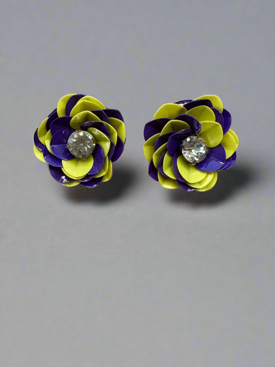 Purple and Yellow Sequin Flower Stud Earrings
