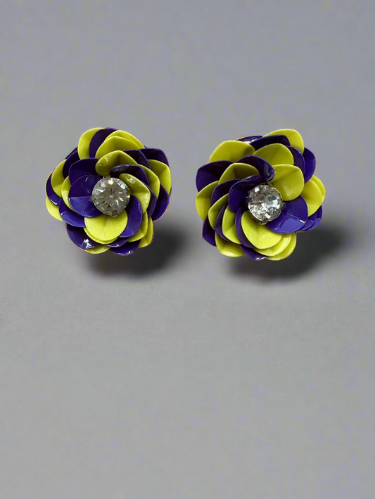 Purple and Yellow Sequin Flower Stud Earrings