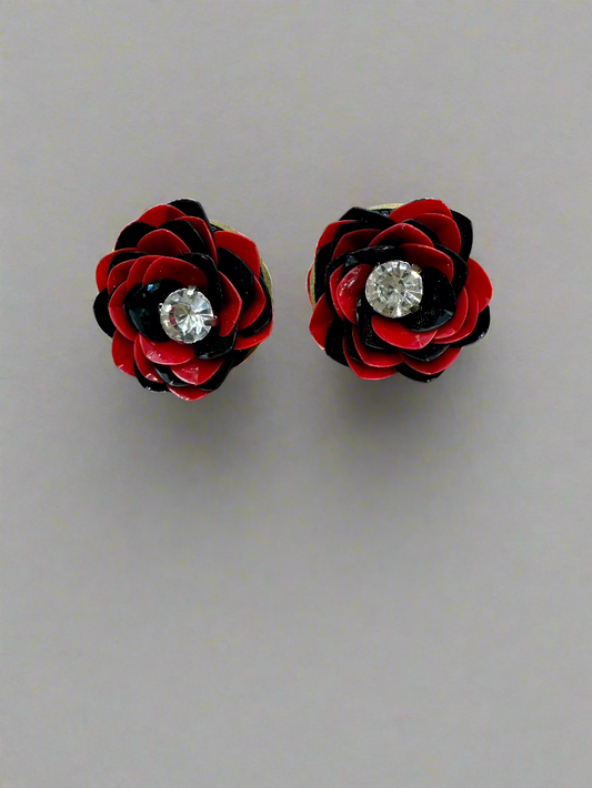Black and Red Sequin Flower Stud Earrings