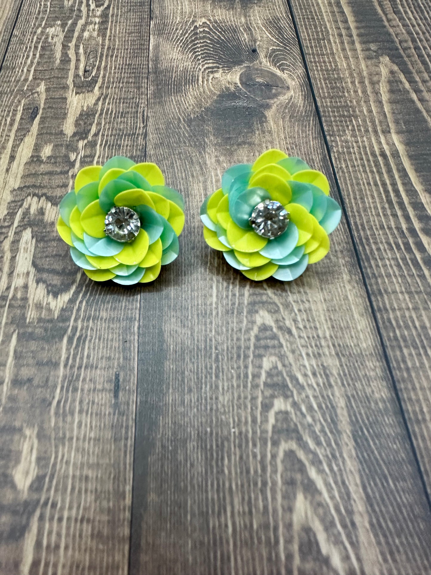 Light Blue and Yellow Sequin Flower Stud Earrings