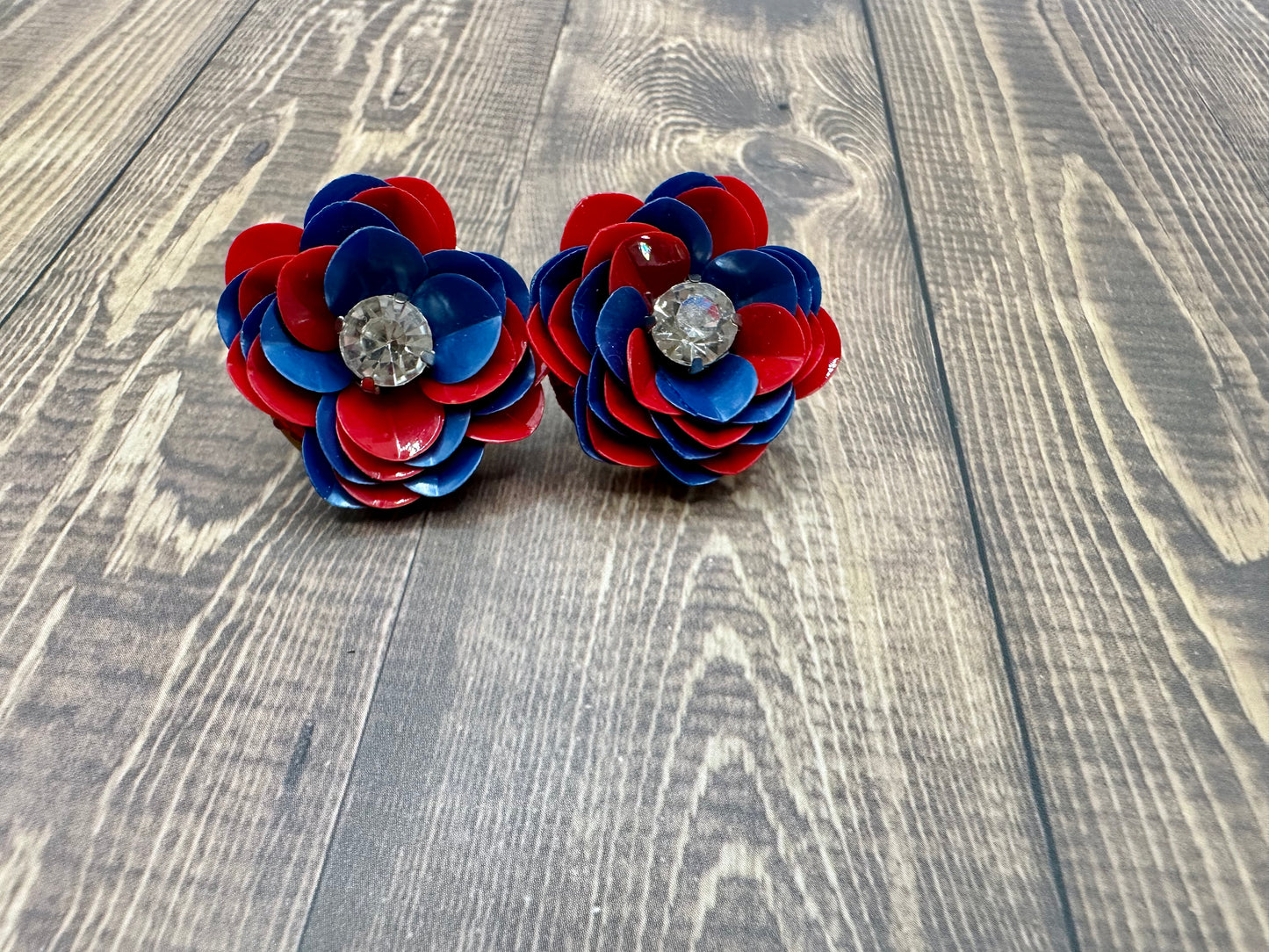 Red and Blue Sequin Flower Stud Earrings