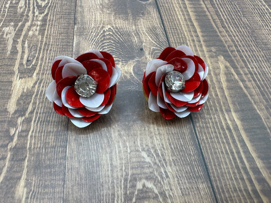 Red and White Sequin Flower Stud Earrings