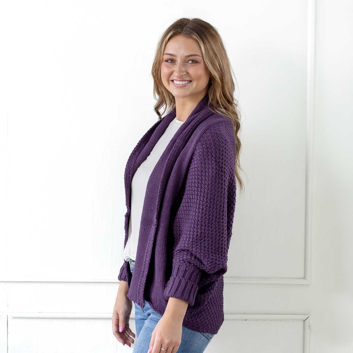 Caroline Open Knitted Cardigan in Plum