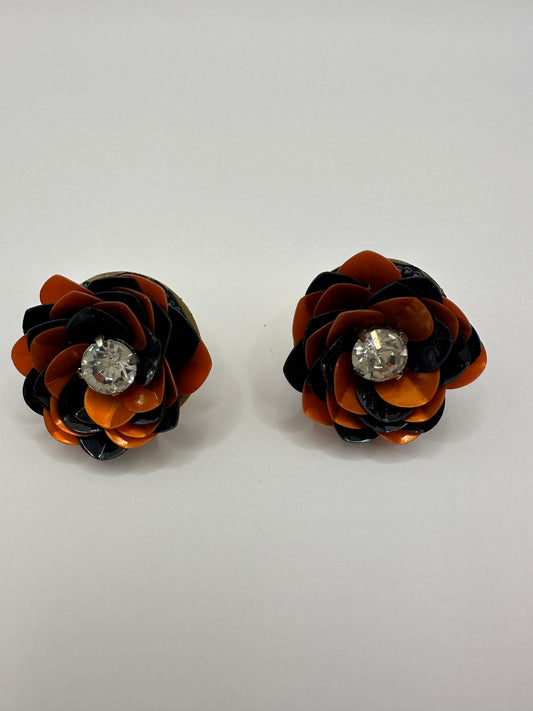 Black and Orange Sequin Flower Stud Earrings