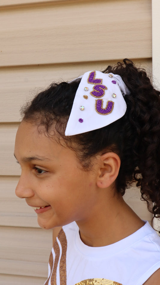 White LSU Beaded Rhinestone Scrunchie