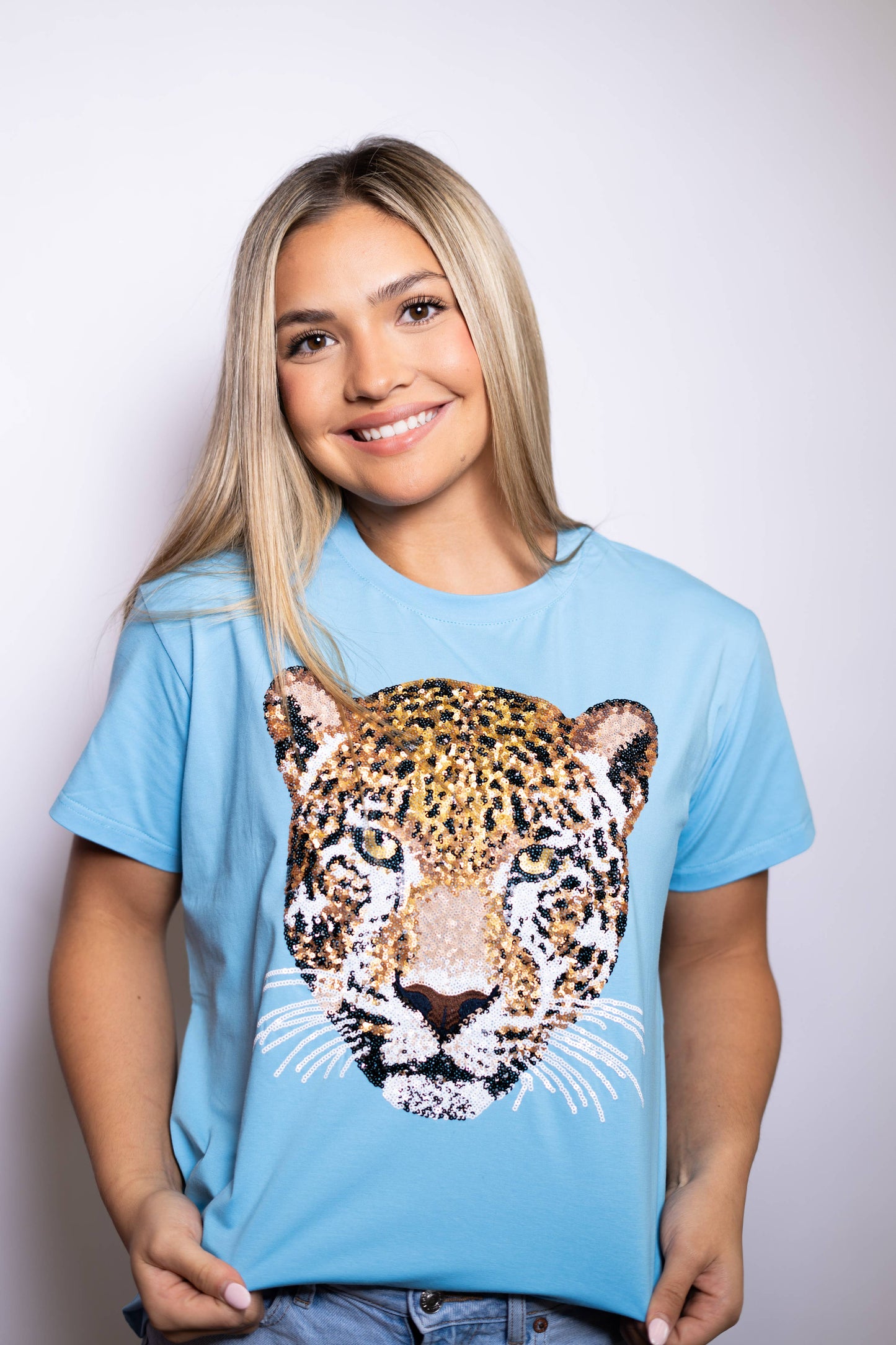 Women's Light Blue Sequin Jaguar Tee