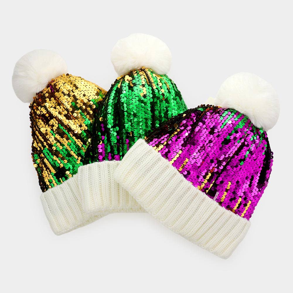 Mardi Gras Sequin Pom Pom Beanie Hat