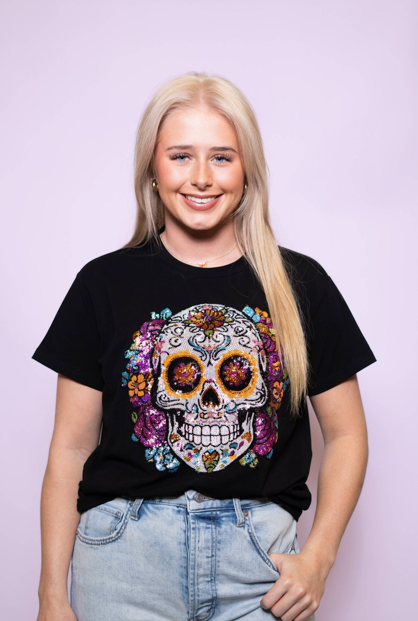 Women's Black Sugar Skull Sequin Tee