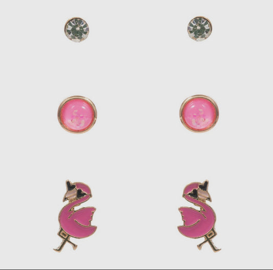 Set of 3 Girl Studs - Flamingo, Pink and Clear Studs