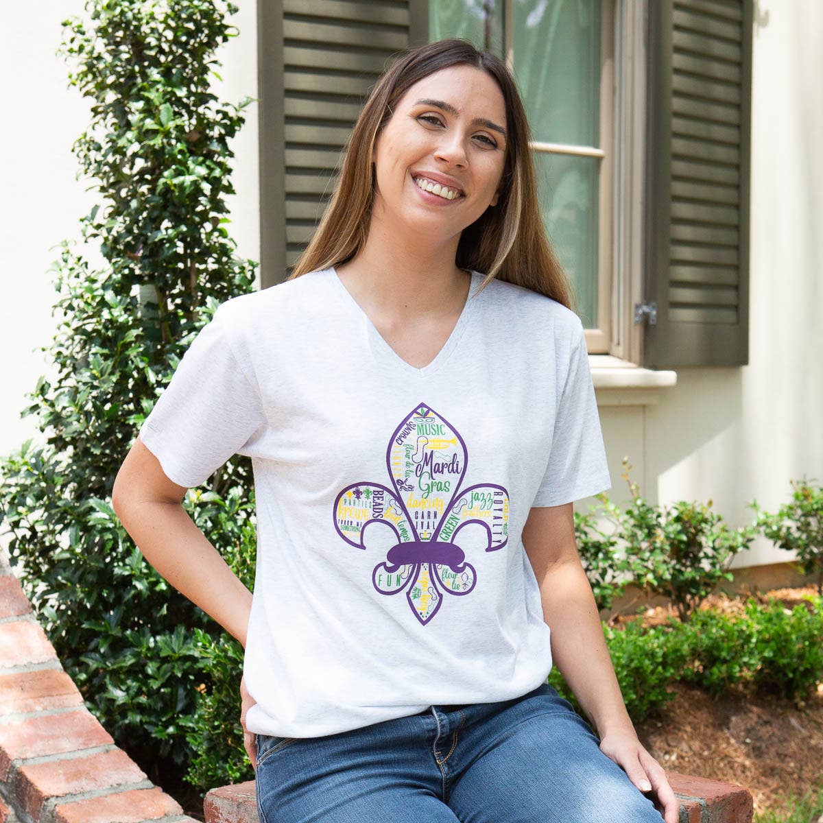 Mardi Gras Fleur V-Neck T-Shirt Heathered White/Multi -Asst.