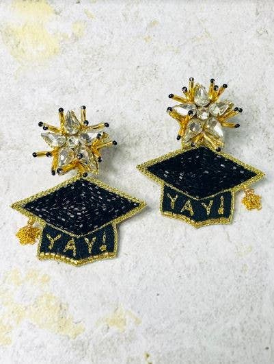 Graduation Hat Beaded Earrings - Black & Gold