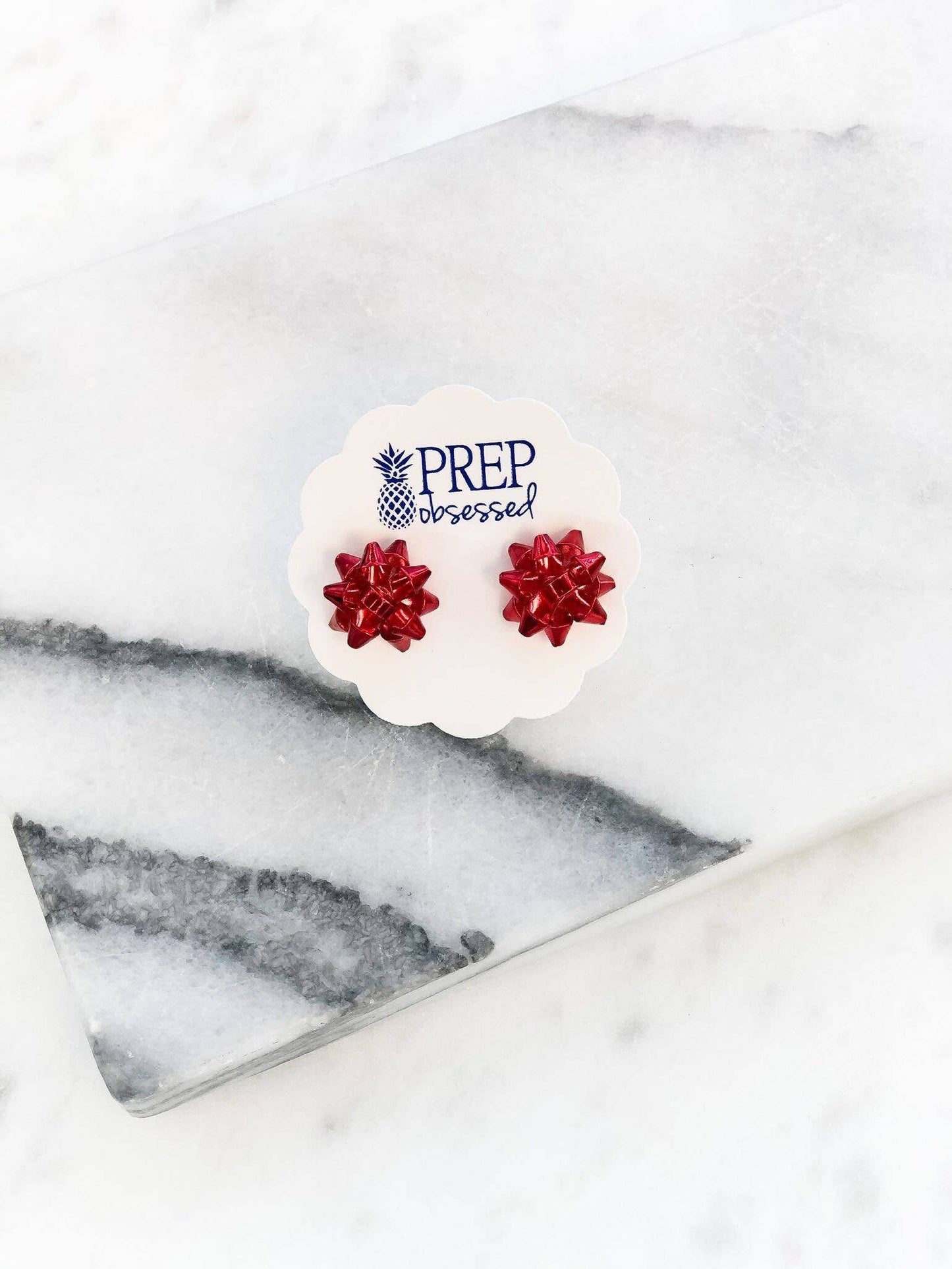 Metallic Present Bow Stud Earrings - Red