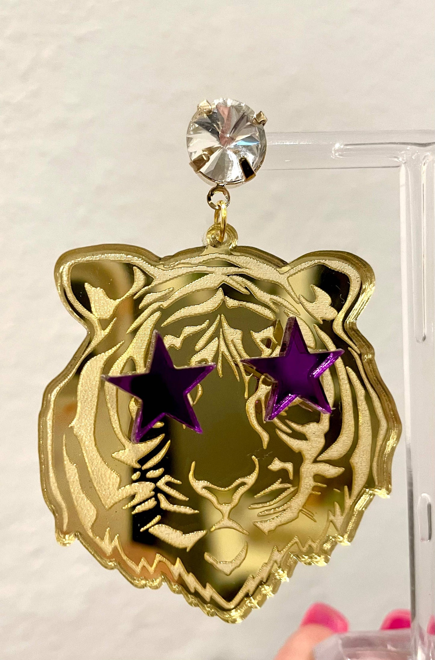 Gold Purple Acrylic Tiger Face Rockstar Earrings