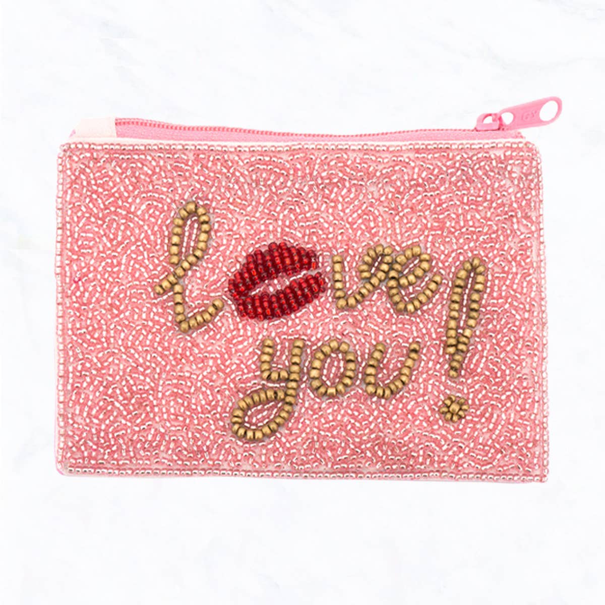 "Love You" Seed Bead, Lip Print Coin Bag, Zipper Closure