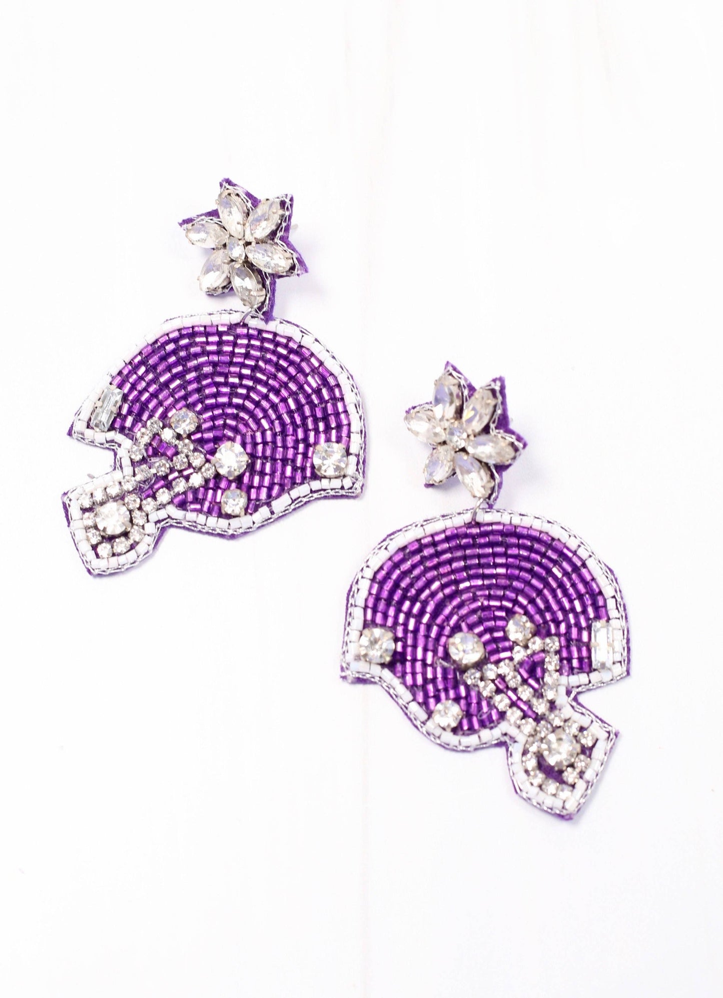 Beaded Football Helmet Earring PURPLE WHITE