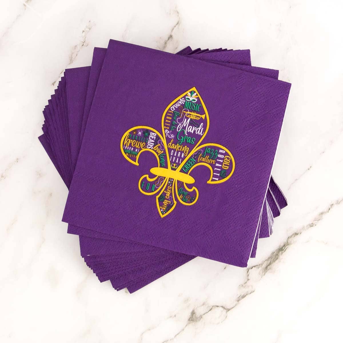 Mardi Gras Fleur Cocktail Napkins Purple/Green/Yellow 5"