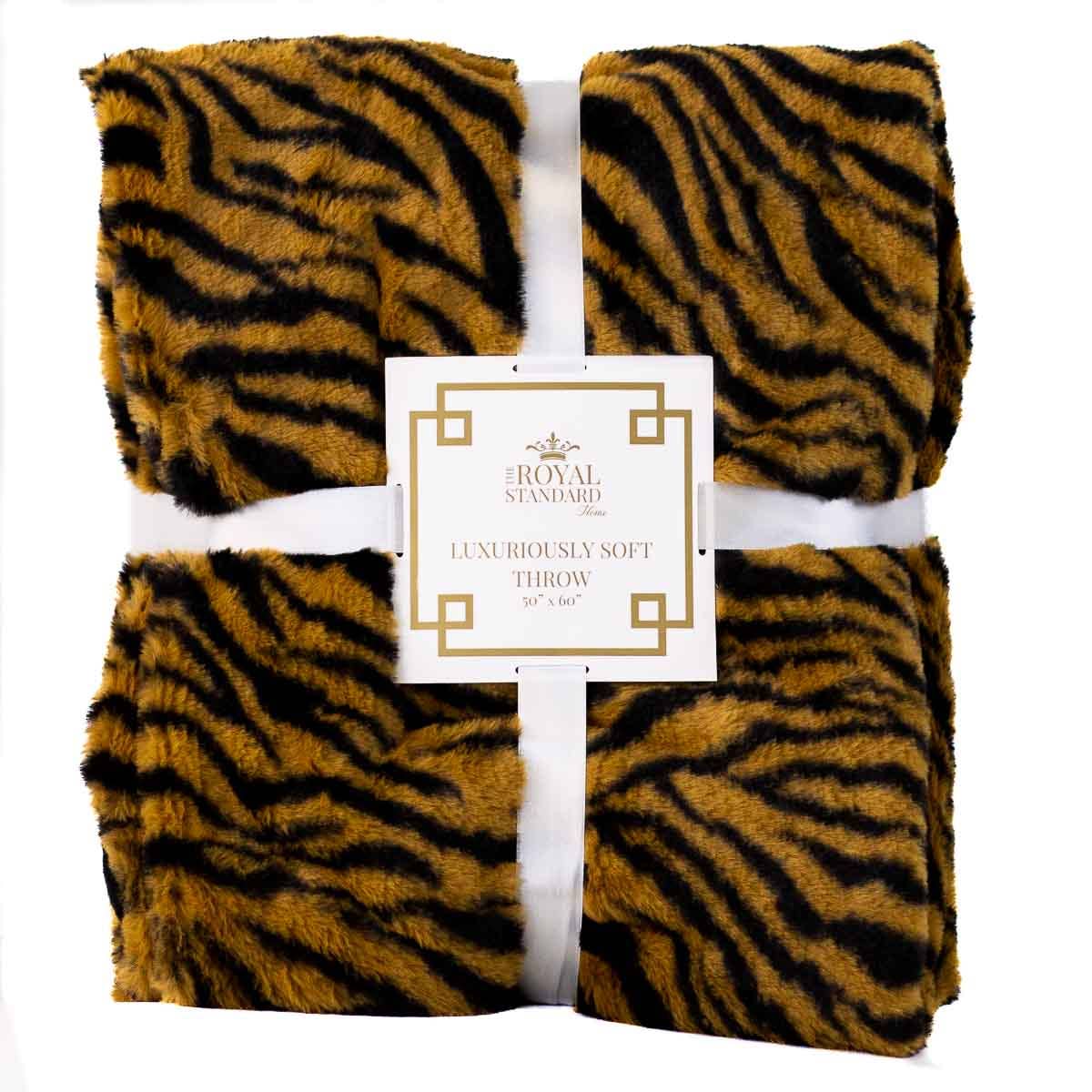 Tiger Stripe Faux Fur Throw Black/Camel 50x60