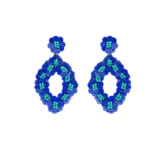 Handmade Oval Floral Spring Summer Beaded Earrings - Blue / Turquoise