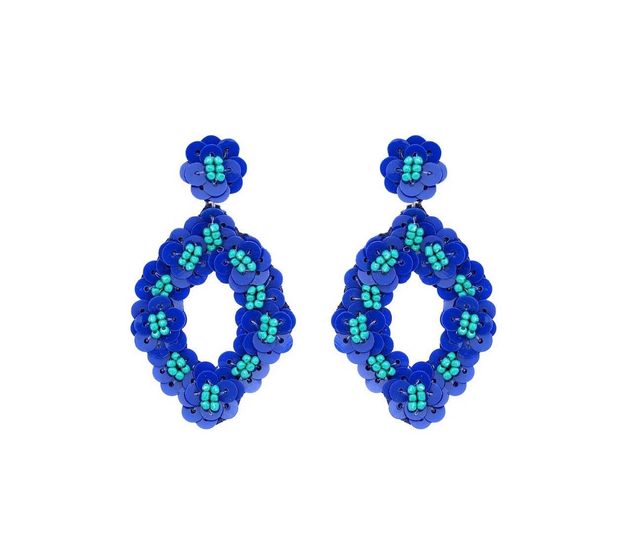 Handmade Oval Floral Spring Summer Beaded Earrings - Blue / Turquoise