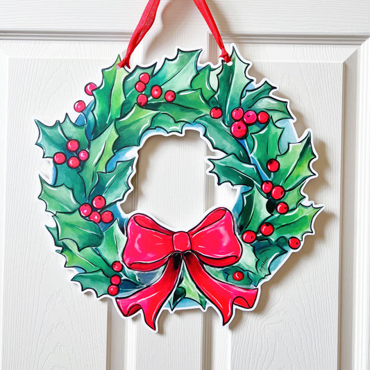 Holly Holiday Wreath Door Hanger - Christmas Outdoor Decor