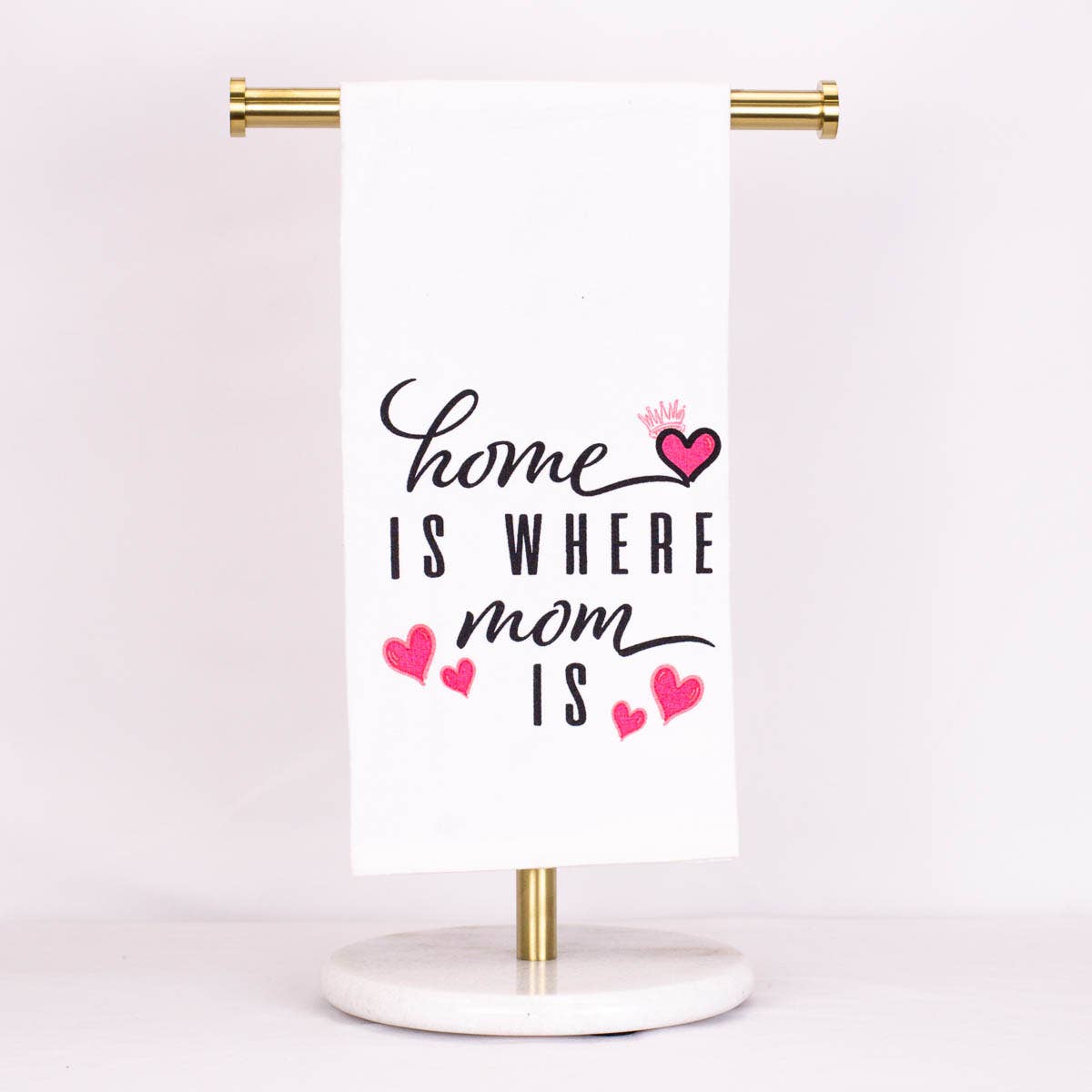 Home Is Where Mom Is Flour Sack Hand Towel White/Black/Hot Pink 20x28