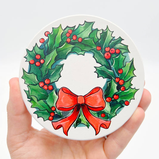 Holly Holiday Wreath Coaster - Christmas December Decor