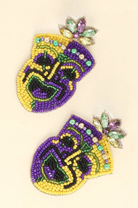 Mardi Gras Joker Mask Gemstone Beaded Earrings