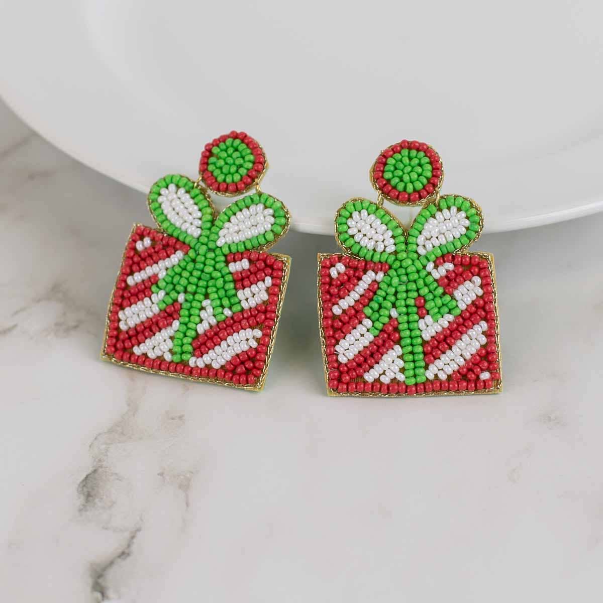 Christmas Present Beaded Earrings Red/Green 1.75"