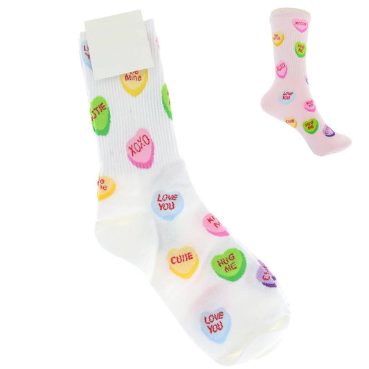 Valentine's Conversation Hearts Pattern Cotton Crew Socks: White