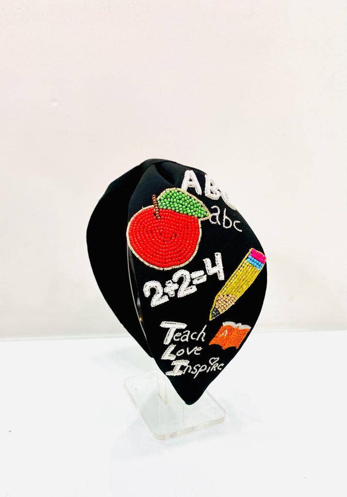 Teacher Seed Beaded Hearts Top Knot Headband