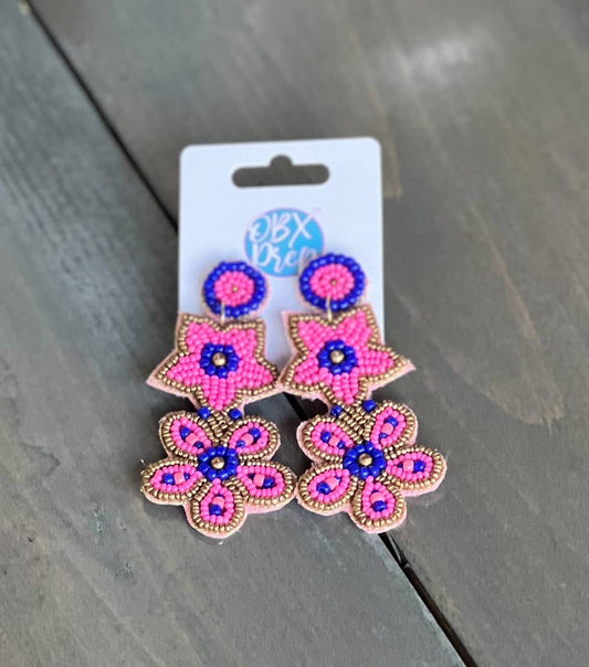Sea Flower Seed Beaded Beachy Prep Dangle Earrings - Pink/Blue