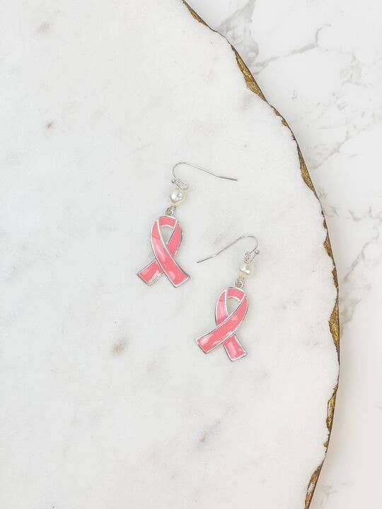 Breast Cancer Ribbon Pearl Dangle Earrings