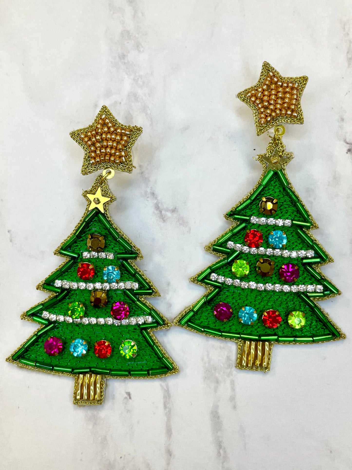Beaded Green & Colorful Stone Christmas Tree Earrings