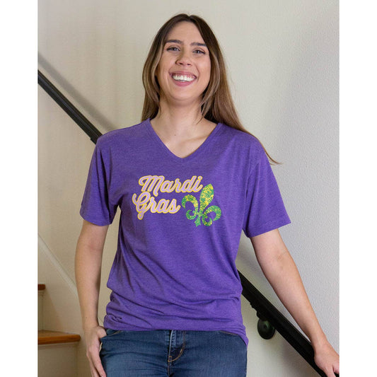 Vintage Mardi Gras V-Neck T-Shirt   Purple/Green/Yellow   -Asst.