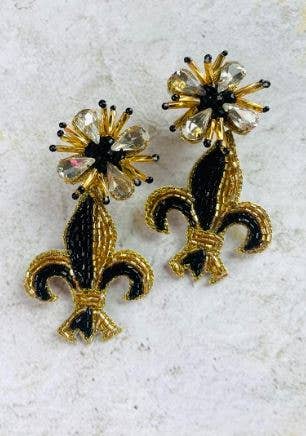 Black & Gold Fleur de Lis Beaded Earrings