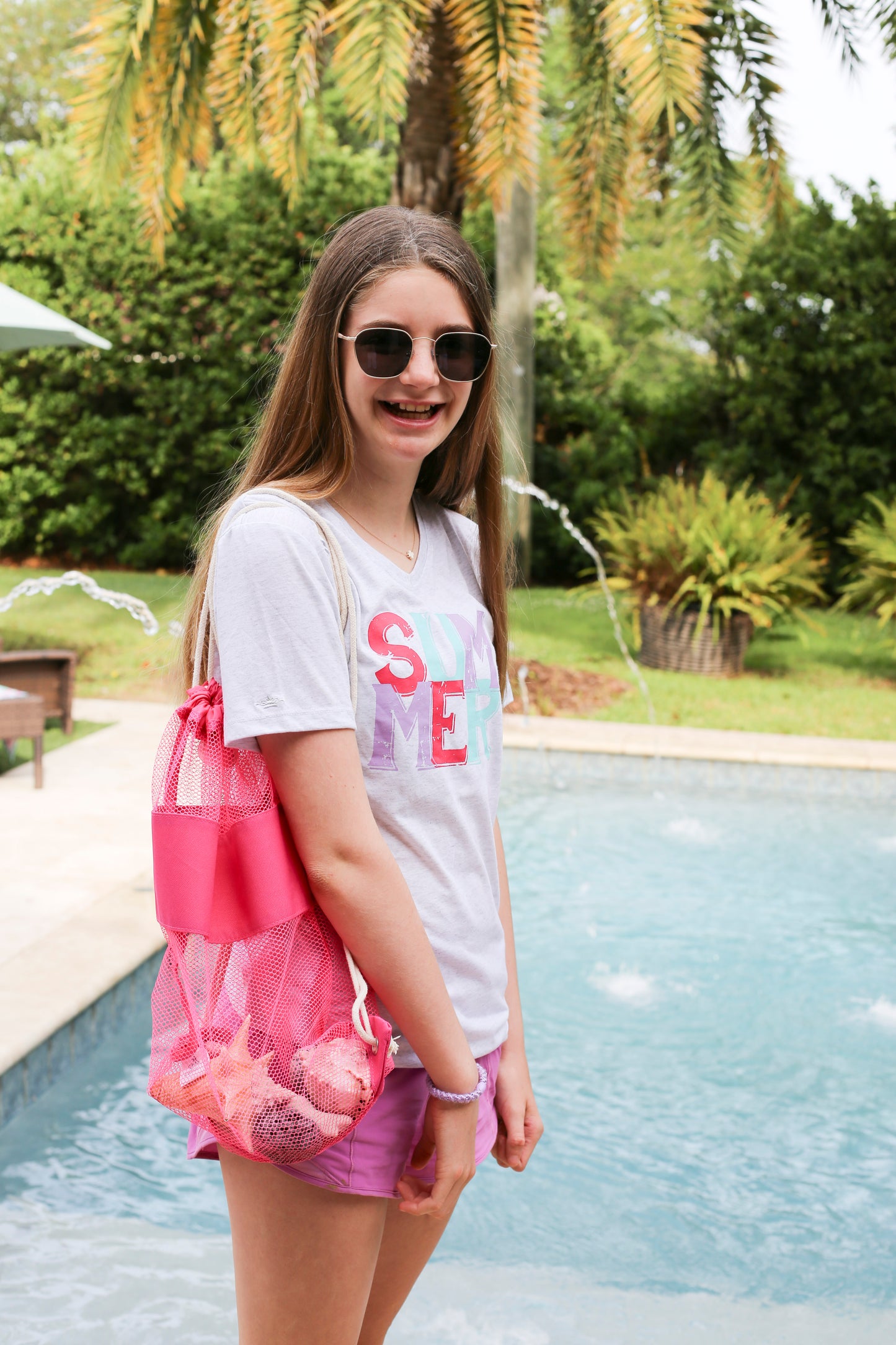 Mesh Drawstring Backpack in Hot Pink