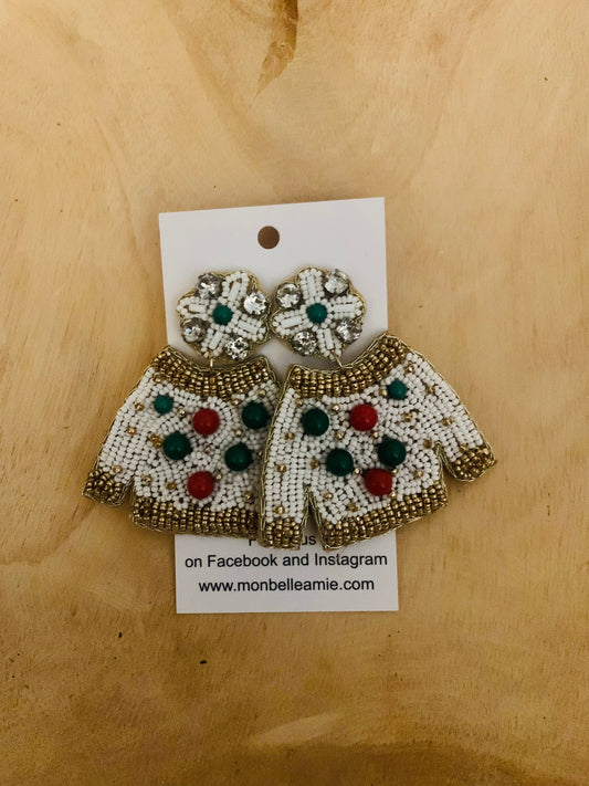 White Christmas Sweater Beaded Earrings