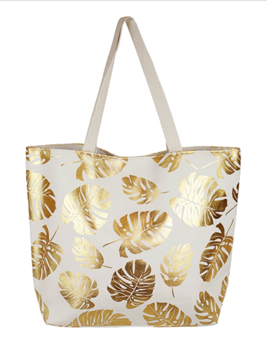 Palm Leaf Canvas Tote Bag White and Gold Mon Belle Amie