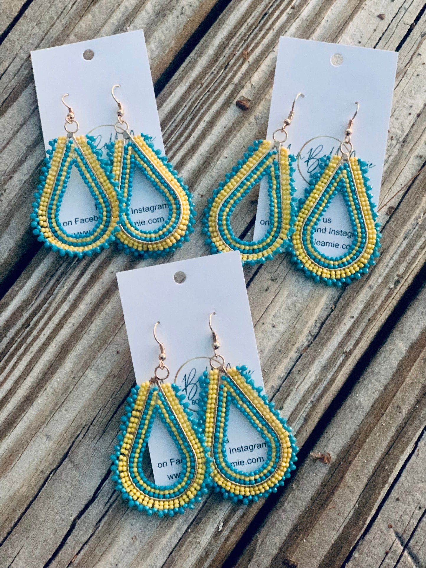 Beaded Blue and Yellow Teardrop Earrings