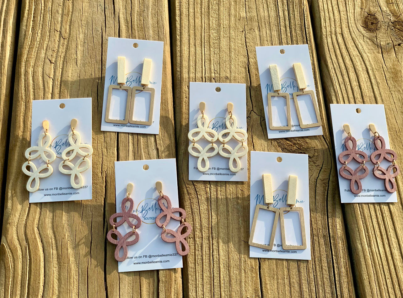 Wood and Metal mauve and Gold Swirl Earrings