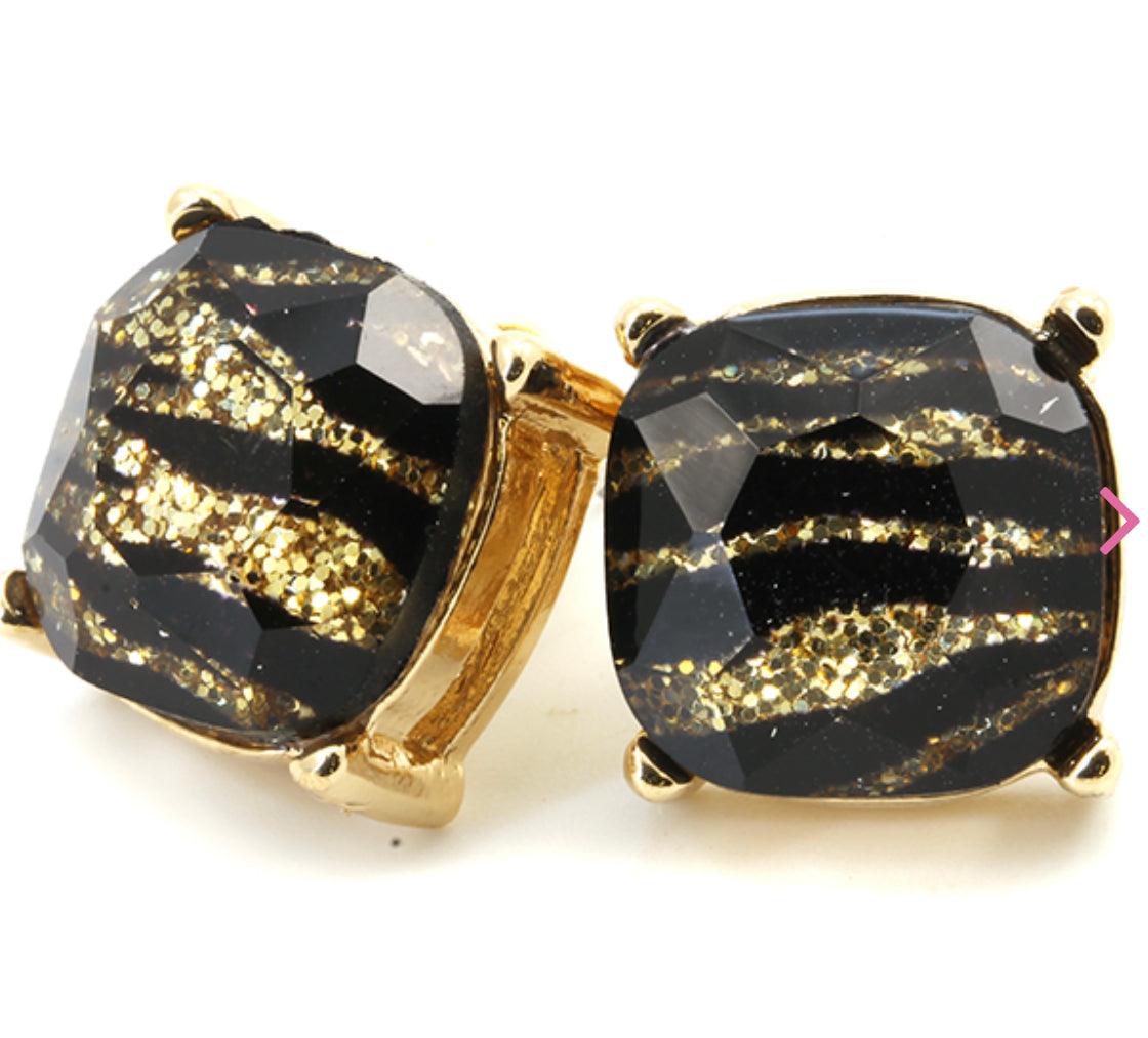 Gold and Black Tiger Stripe Stud Earrings