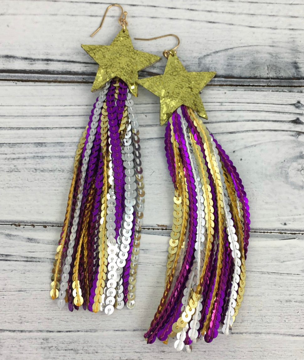 Purple and Gold Star Sequin Dangle Earrings