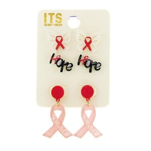 Breast cancer Set of 3 Pink Awareness Studs