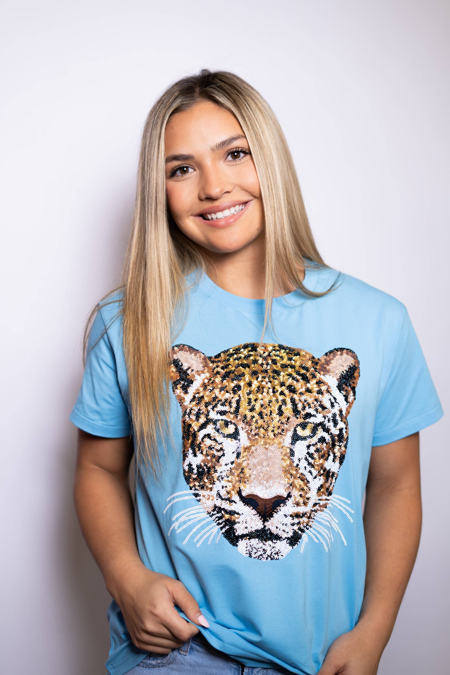 Women's Light Blue Sequin Jaguar Tee