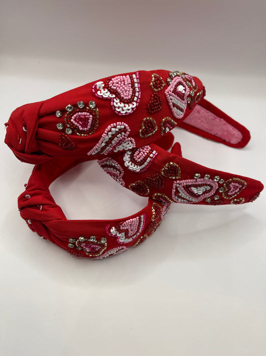 Red Beaded Valentine Hearts Knotted Headband