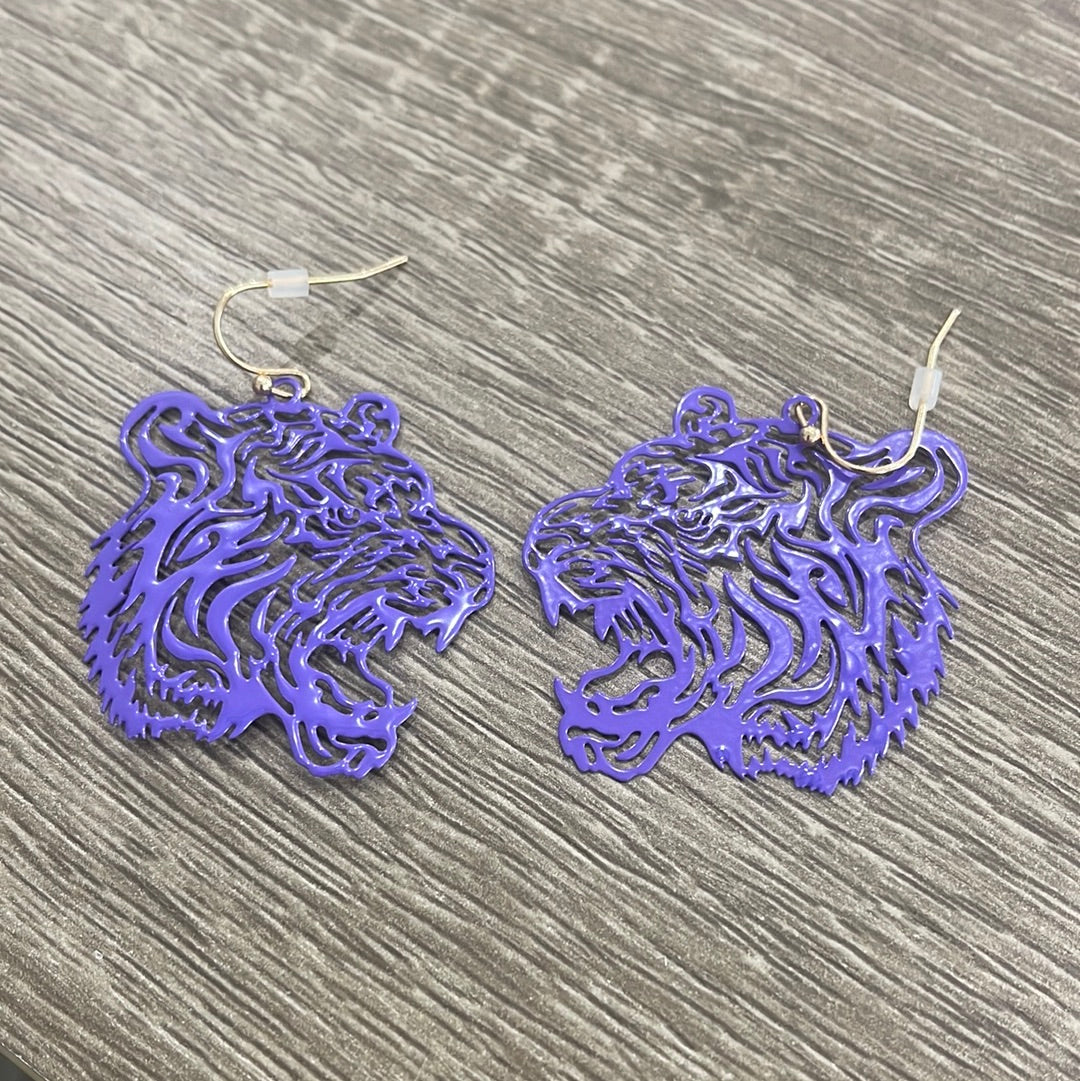 Purple Metal Roaring Tiger Dangle Earrings