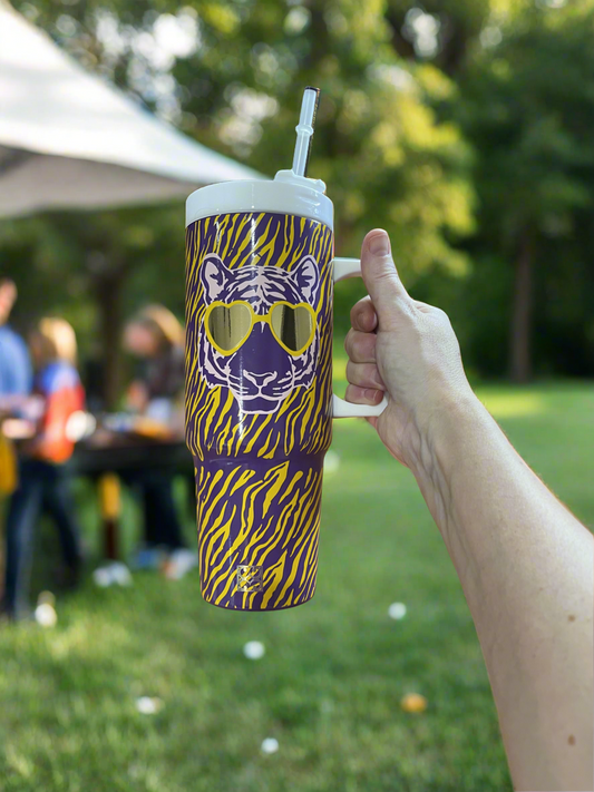 To-Go Handle Tumbler Tiger Stripes Purple and Yellow