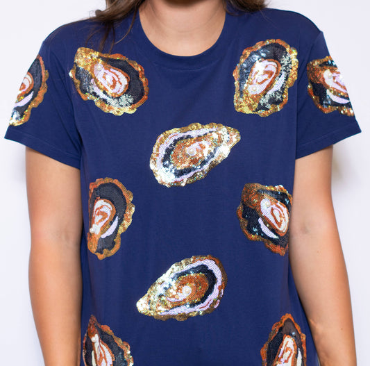 Women's Navy Sequin Oyster Tee